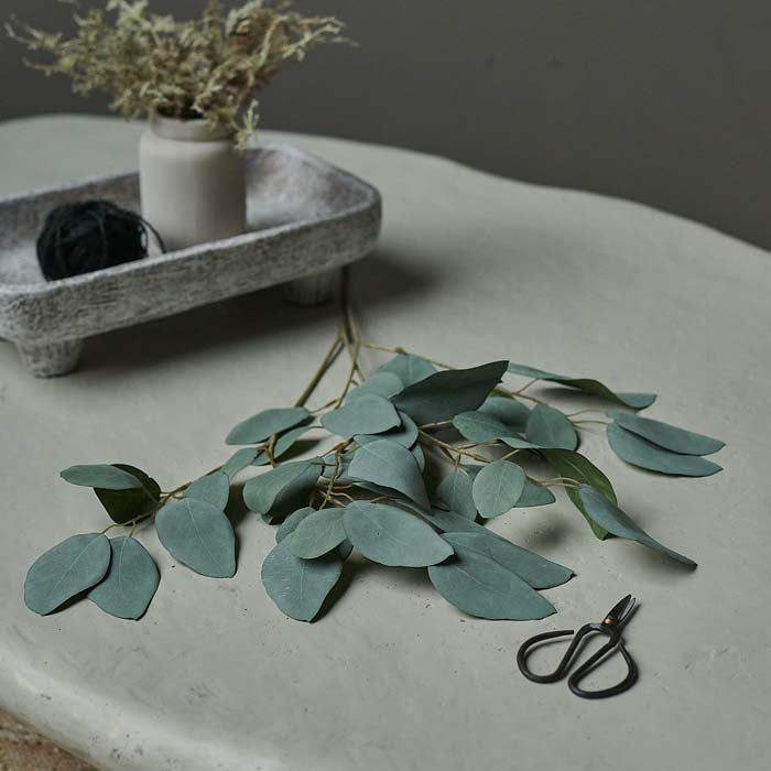 Single artificial eucalyptus stem lying flat on a white coffee table