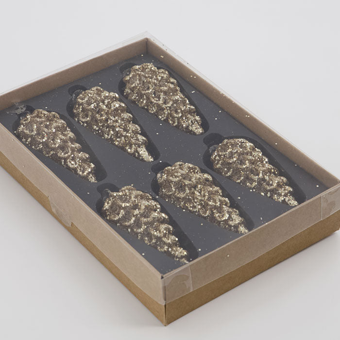 Gold, shimmery pinecone Christmas tree decorations in a box of six.