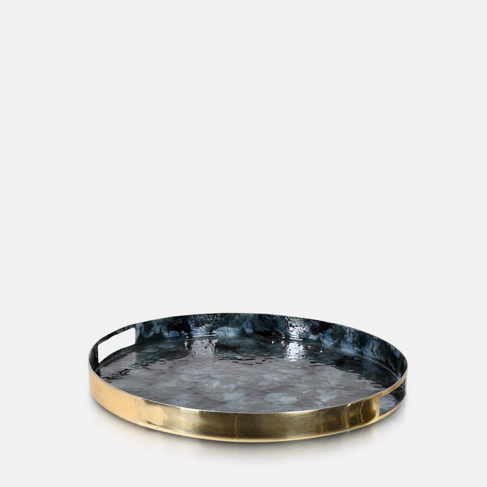 Round blue marble-effect tray with gold frame and handles.
