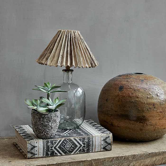 Raffia lampshade on a clear glass base behind a small potted succulent