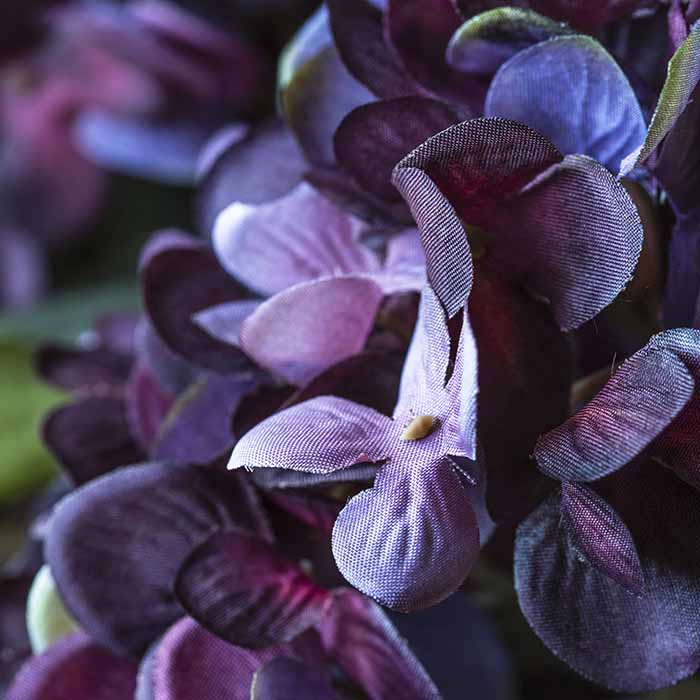 Purple fabric hydrangea flowers.