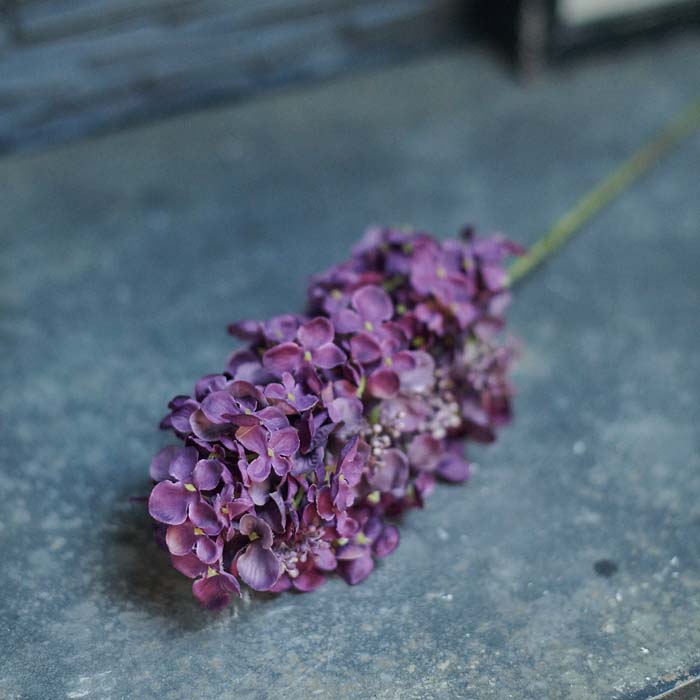 Single stem with artificial purple hydrangea paniculata flower head.