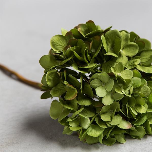Artificial green hydrangea faux fake flower closeup botanical realistic home decor stem arrangement