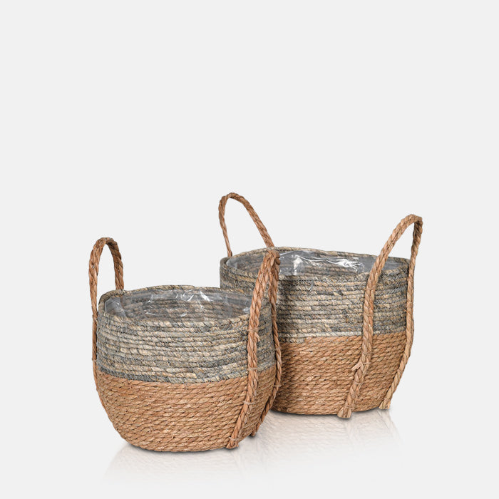 Two different sized baskets in two tones with braided handles