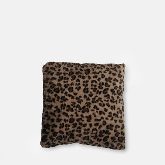 Square cushion with warm brown leopard print faux fur cover.