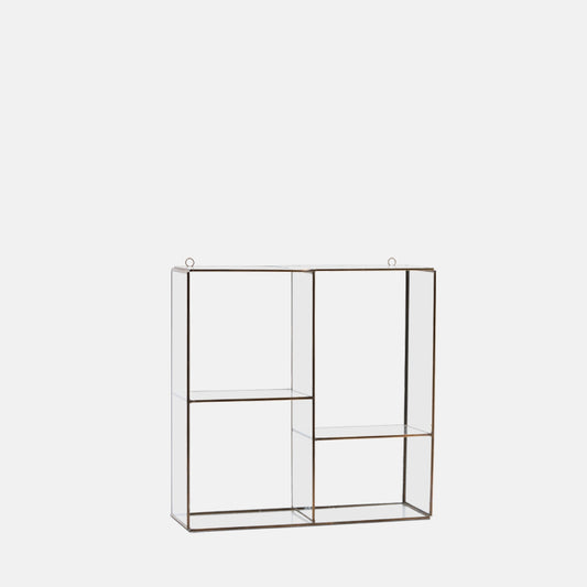 Square glass open wall cabinet with a gold frame and four compatments