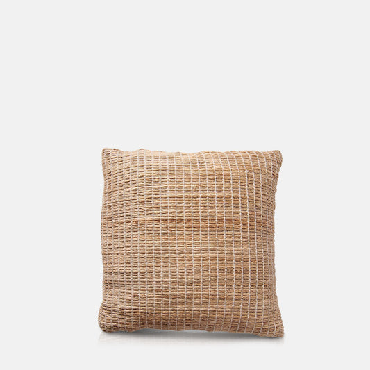 Square cushion in woven jute fabric.