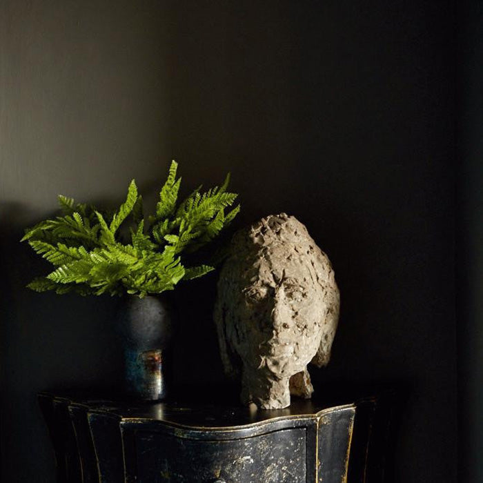A head sculpture and green fern sat on a table in front of a chalky brown painted wall
