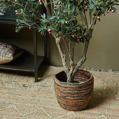 Artificial olive tree plant in woven basket.