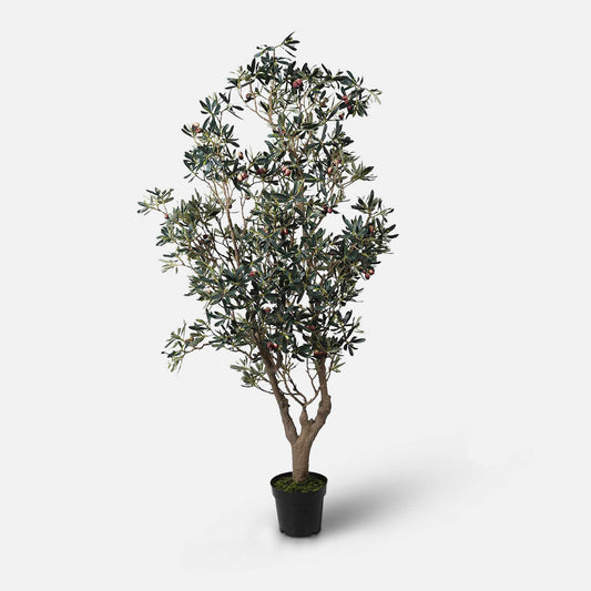 Large artificial olive tree in black plastic pot.