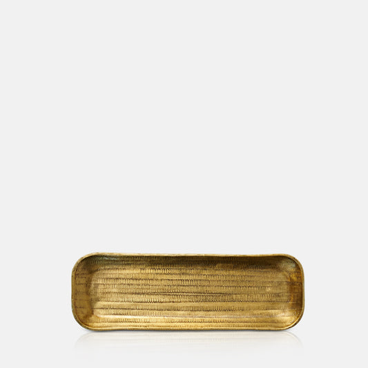 Rectangular hammered brass metal tray with curved edges.