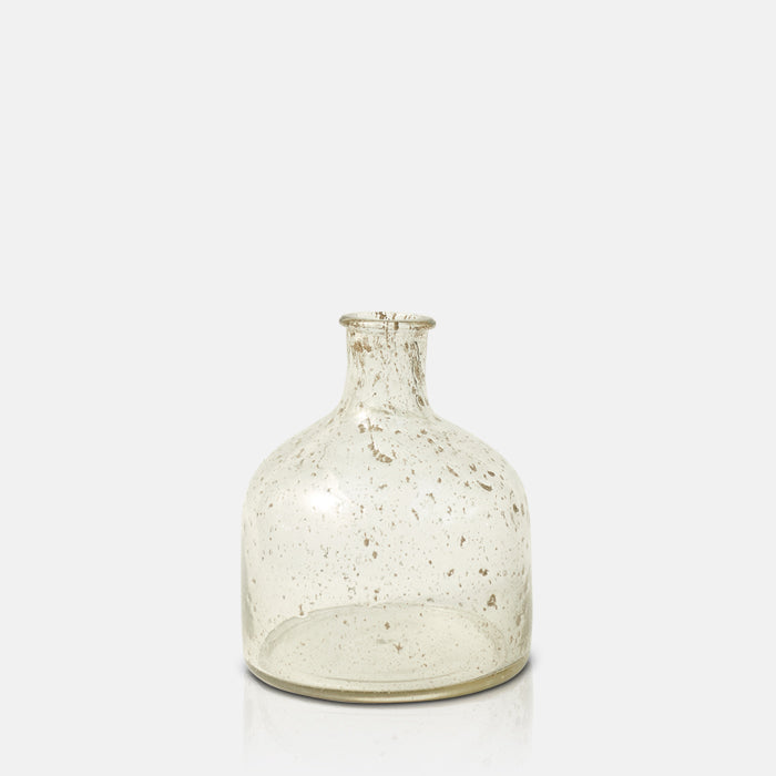 Mottled clear glass bottle vase with wide base and narrow neck.