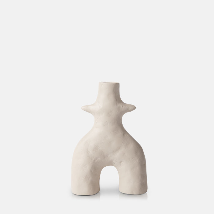 Ecomix vase with sculptural two-legged base and tall neck, in beige finish.