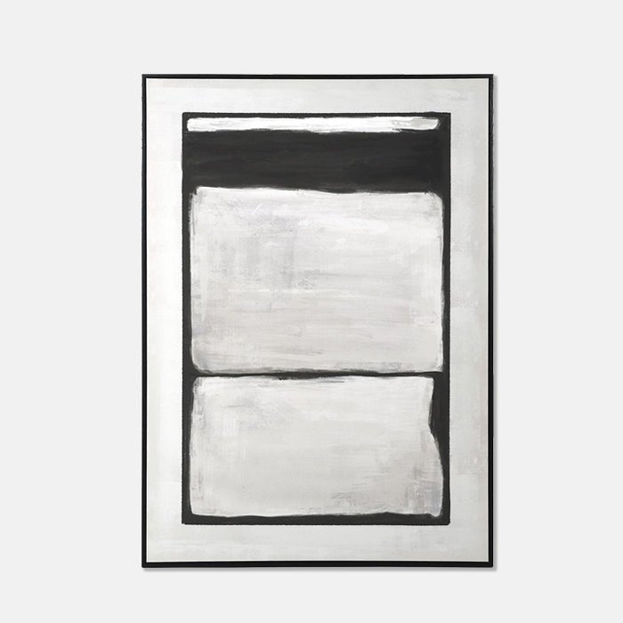 A cutout of the Saxon Abstract Print, a large abstract monochrome print in a thin black rectangular frame.