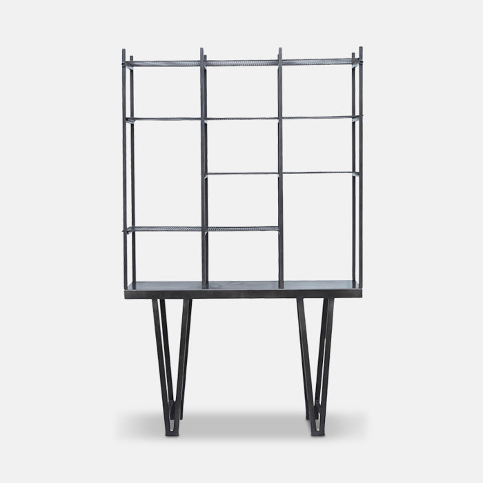 Square metal shelving unit stood on triangular shaped legs with four shelves