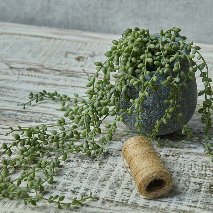 Long green beaded artificial stems in a round grey pot next to a roll of brown string