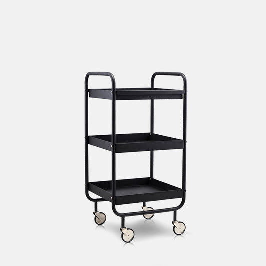 Black metal shelving unit on four wheels, with three square shelves for storage.