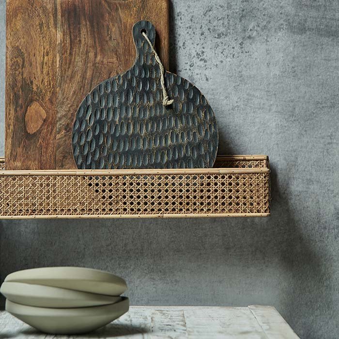 Traboe shelf bamboo rattan basket wall storage closeup natural coastal modern home decor styled