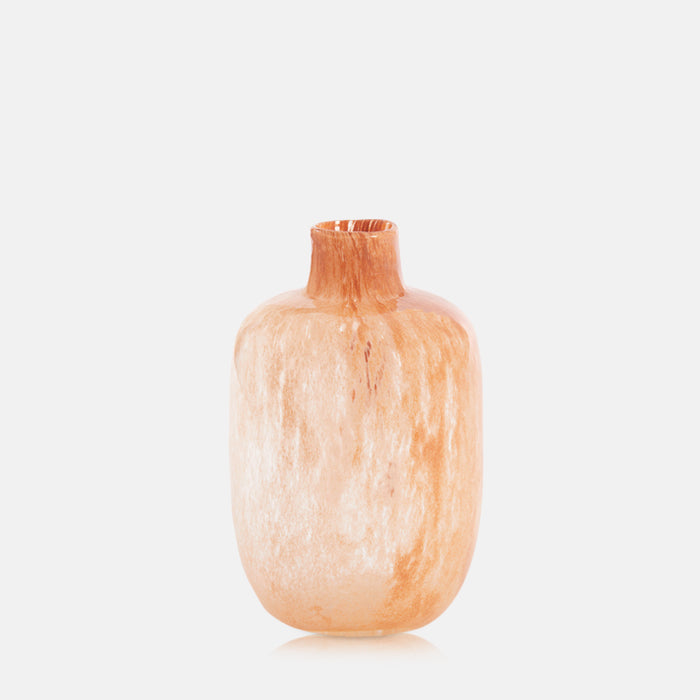 Peach and blush marbled glass vase with a narrow neck