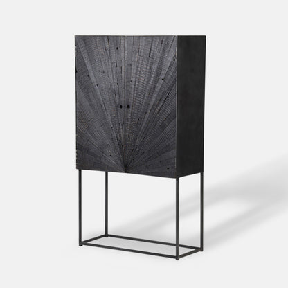 Black textured wooden cabinet sat on a open metal frame