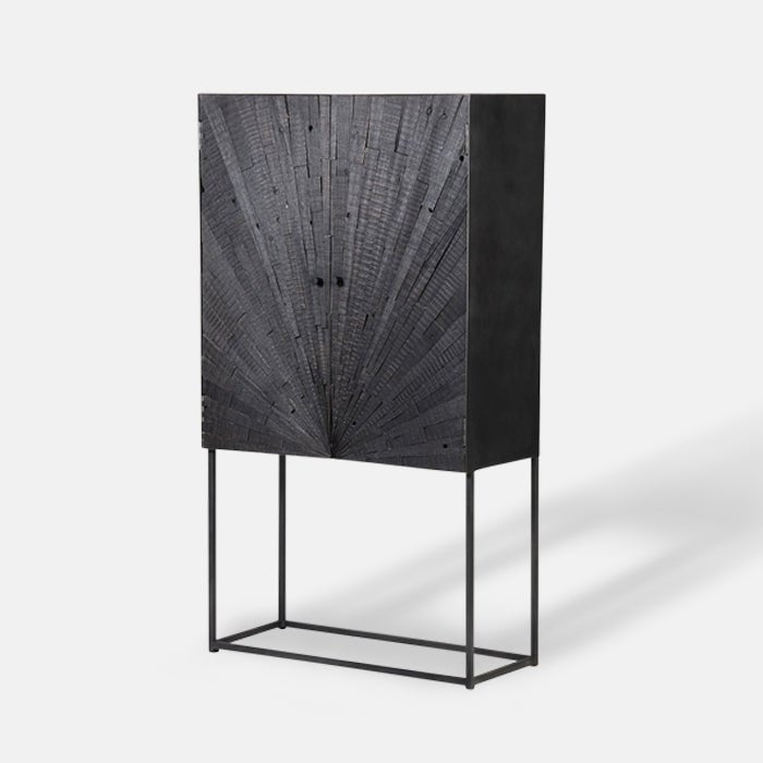 Wallace cabinet cutout black mango wood textured doors iron frame modern bar storage furniture