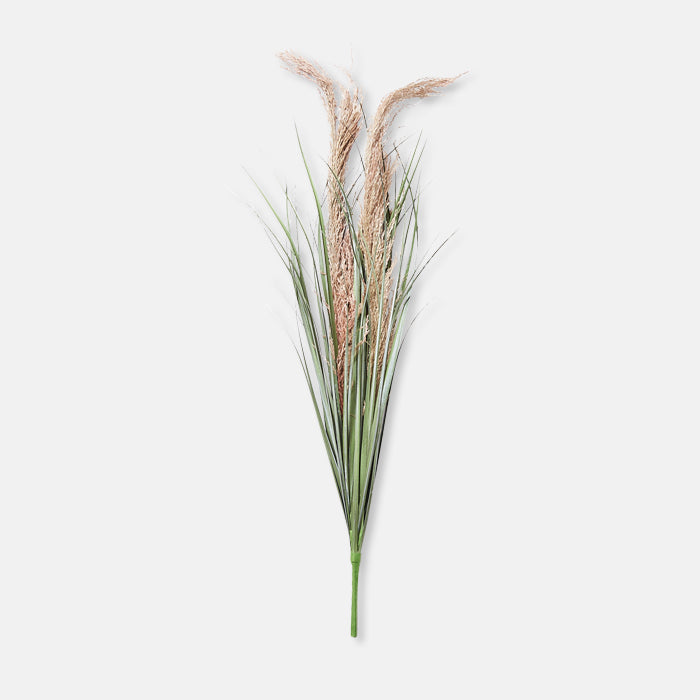 A single stem with two dried pampas grass heads and artificial green leaves