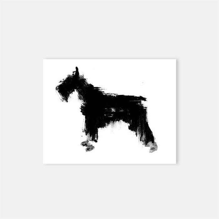 Jasper, a monochrome abstract print of an Airedale dog on in bold black brushstrokes against a white background.