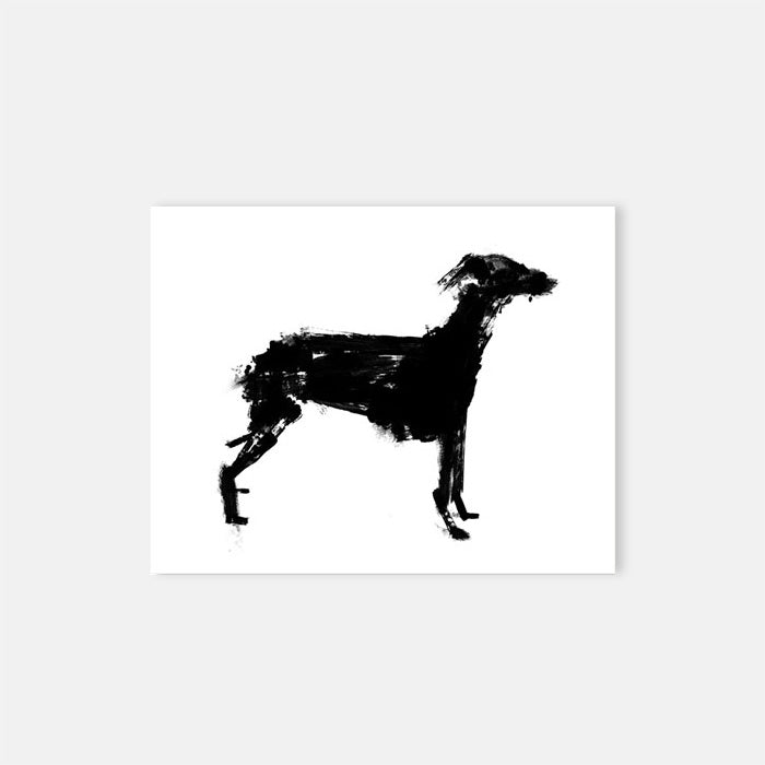 Murphy Dog Print, an abstract print of a lurcher dog in soft black brushstrokes against a white background.