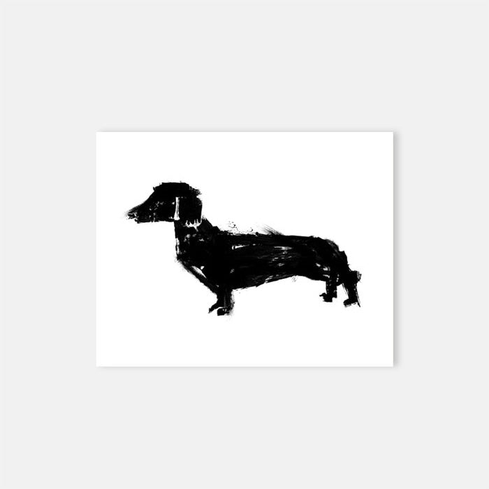 Poppy Dog Print, an abstract print of a dachshund dog in soft black brushstrokes against a white background.