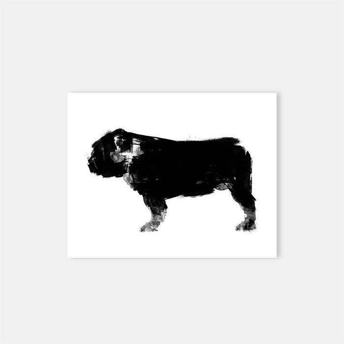 Black and white abstract print of a bulldog on white paper